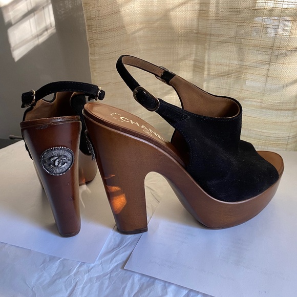 Chanel clogs 7.5 black suede adjustable ankle strap brown clogs platform - Picture 1 of 11